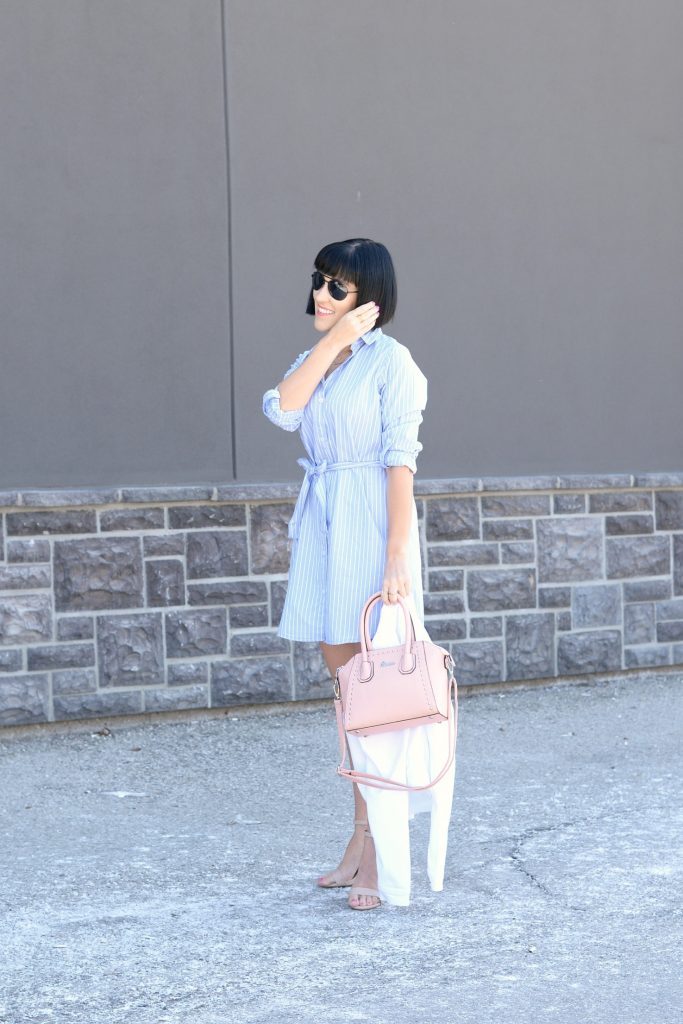 giant tiger, striped dress, blue pinstriped dress, white denim jacket, pink purse, pink handbag, nude heels, nude sandals, canadian fashion blogger 