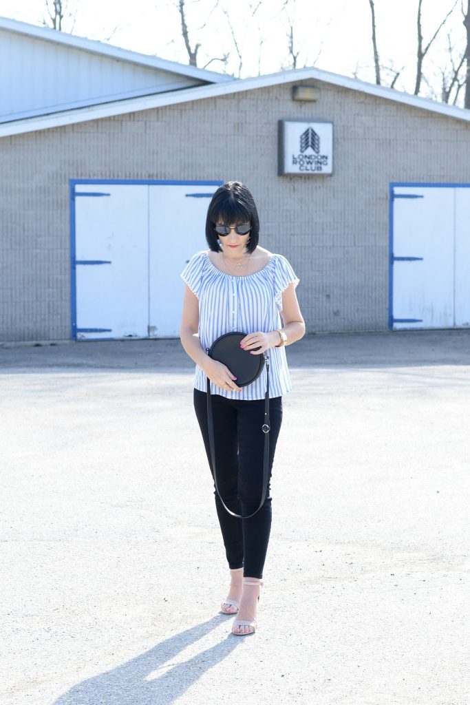 Giant Tiger, off-the-shoulder blouse, black skinny jeans, open-toed nude heels, nude sandals, black circle bag, black purse, stripped blouse, springtime blouse 