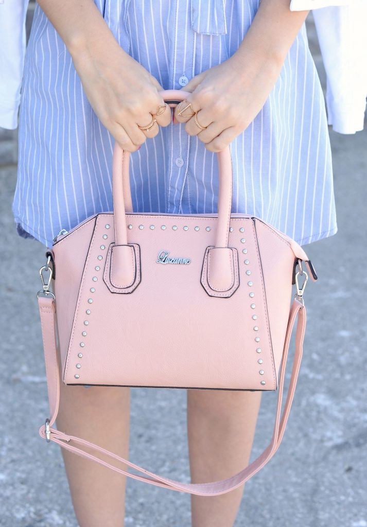 giant tiger, striped dress, blue pinstriped dress, white denim jacket, pink purse, pink handbag, nude heels, nude sandals, canadian fashion blogger