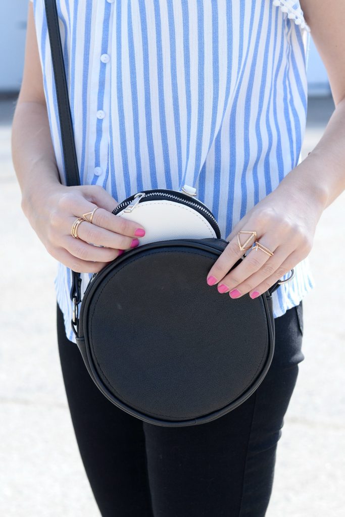 Giant Tiger, off-the-shoulder blouse, black skinny jeans, open-toed nude heels, nude sandals, black circle bag, black purse, stripped blouse, springtime blouse 