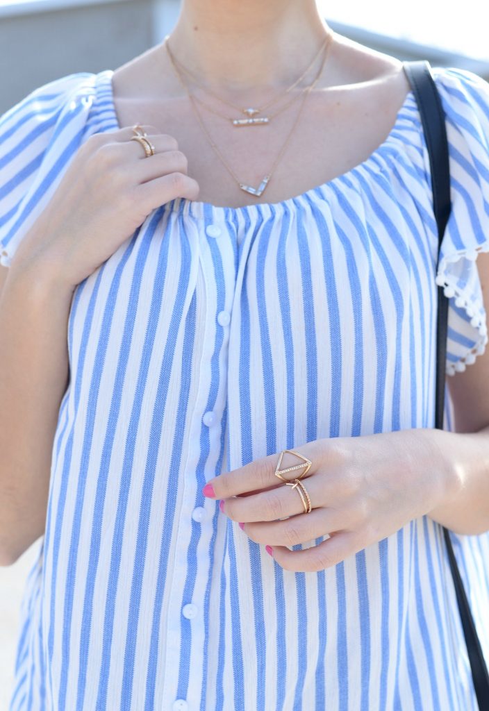 Giant Tiger, off-the-shoulder blouse, black skinny jeans, open-toed nude heels, nude sandals, black circle bag, black purse, stripped blouse, springtime blouse 