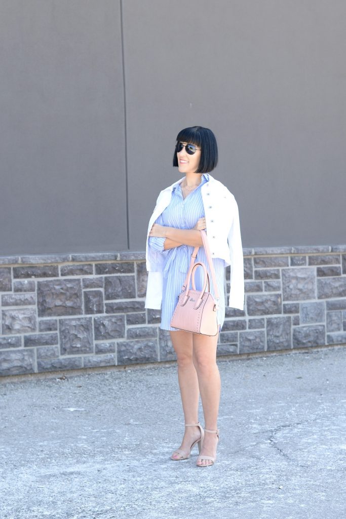 giant tiger, striped dress, blue pinstriped dress, white denim jacket, pink purse, pink handbag, nude heels, nude sandals, canadian fashion blogger