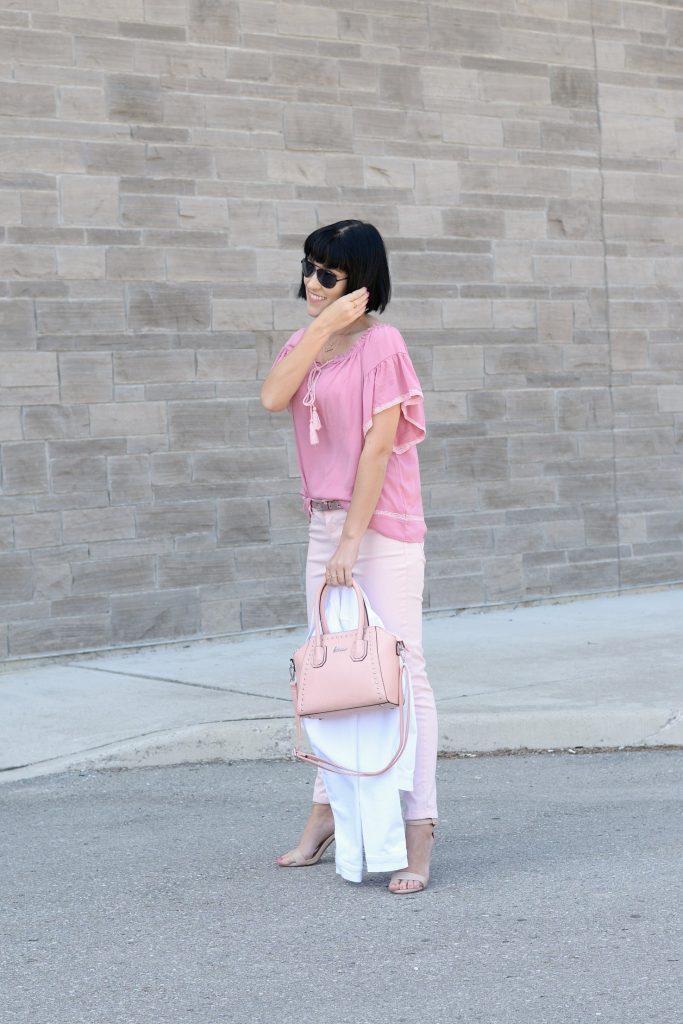 giant tiger, pink on pink, pink outfit, sprinttime outfit, monocromatic outfit, pink jeans, nude heels, nude sandals, canadian fashion blogger