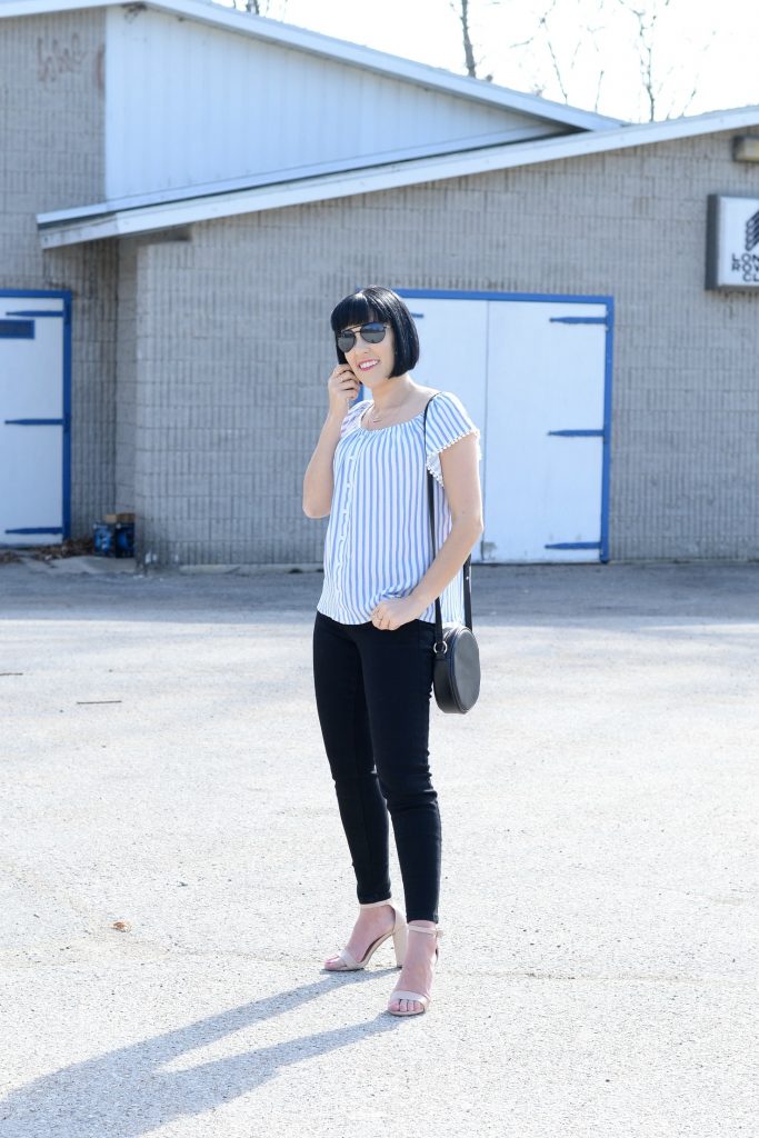 Giant Tiger, off-the-shoulder blouse, black skinny jeans, open-toed nude heels, nude sandals, black circle bag, black purse, stripped blouse, springtime blouse 