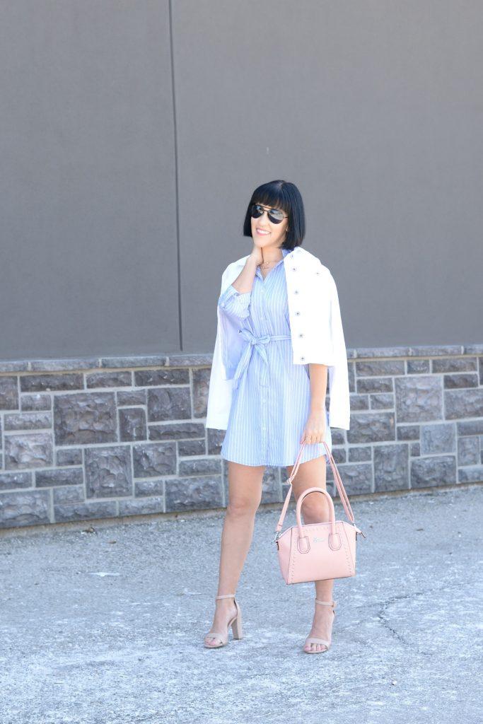 giant tiger, striped dress, blue pinstriped dress, white denim jacket, pink purse, pink handbag, nude heels, nude sandals, canadian fashion blogger