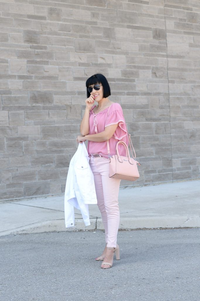 giant tiger, pink on pink, pink outfit, sprinttime outfit, monocromatic outfit, pink jeans, nude heels, nude sandals, canadian fashion blogger