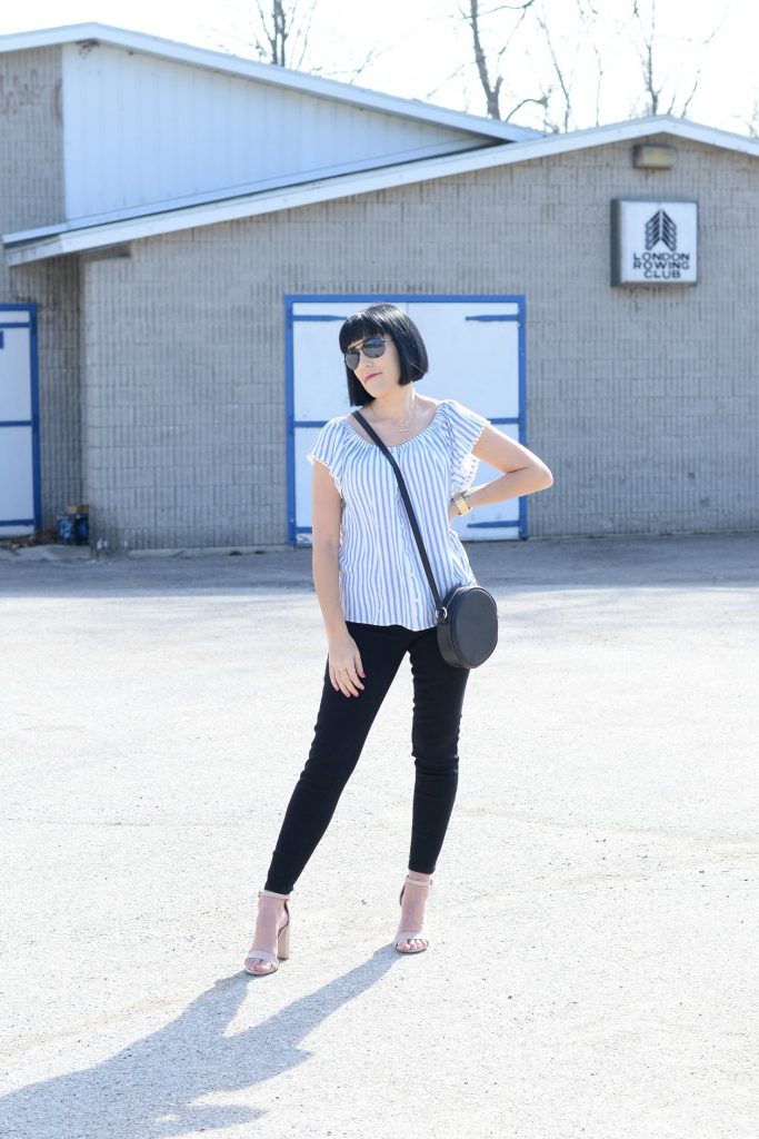 Giant Tiger, off-the-shoulder blouse, black skinny jeans, open-toed nude heels, nude sandals, black circle bag, black purse, stripped blouse, springtime blouse 