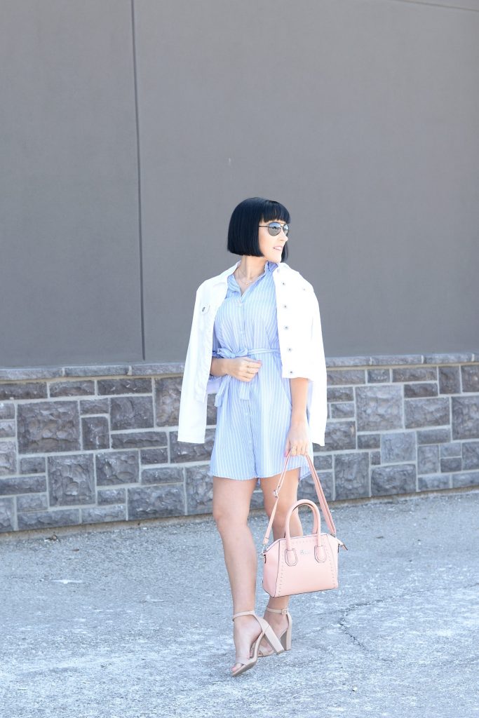 giant tiger, striped dress, blue pinstriped dress, white denim jacket, pink purse, pink handbag, nude heels, nude sandals, canadian fashion blogger