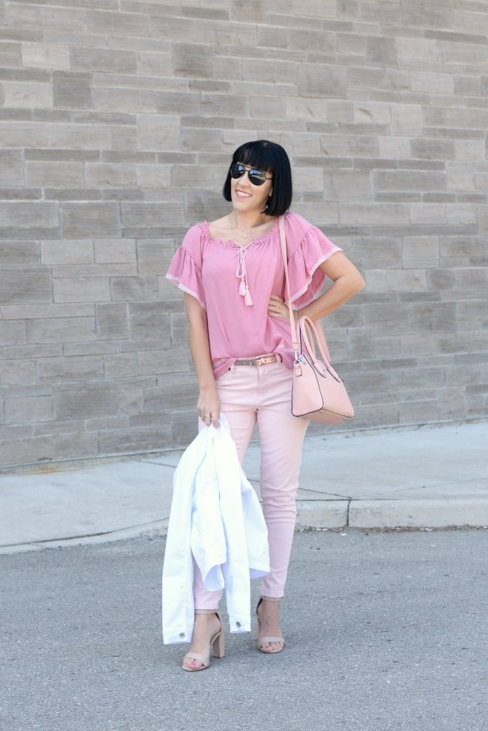 giant tiger, pink on pink, pink outfit, sprinttime outfit, monocromatic outfit, pink jeans, nude heels, nude sandals, canadian fashion blogger