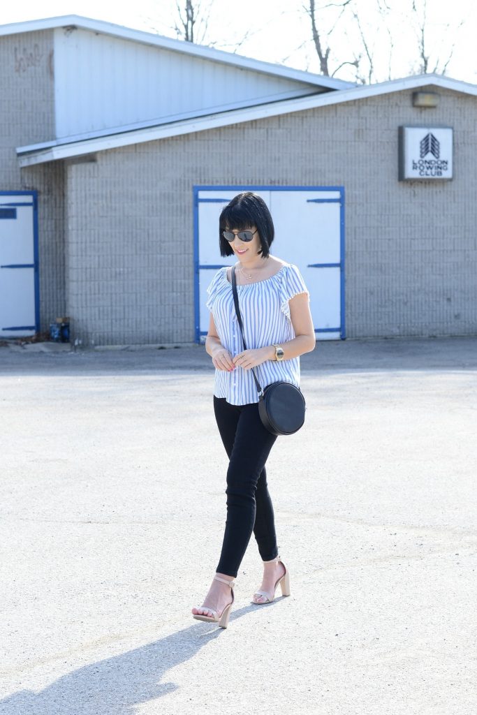 Giant Tiger, off-the-shoulder blouse, black skinny jeans, open-toed nude heels, nude sandals, black circle bag, black purse, stripped blouse, springtime blouse