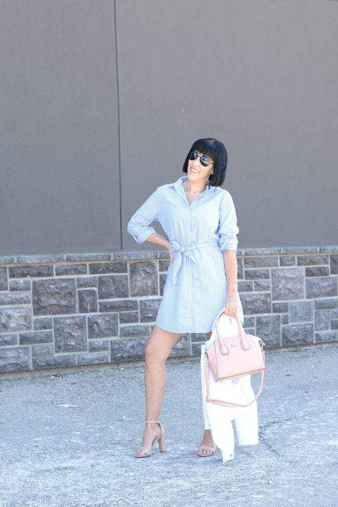 giant tiger, striped dress, blue pinstriped dress, white denim jacket, pink purse, pink handbag, nude heels, nude sandals, canadian fashion blogger