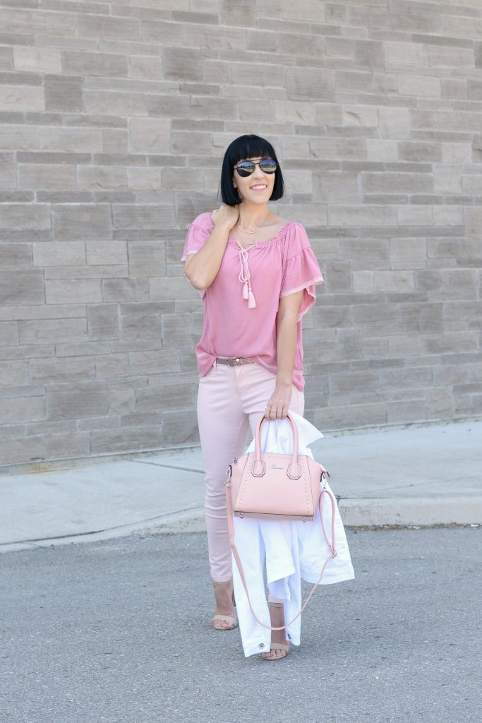 giant tiger, pink on pink, pink outfit, sprinttime outfit, monocromatic outfit, pink jeans, nude heels, nude sandals, canadian fashion blogger