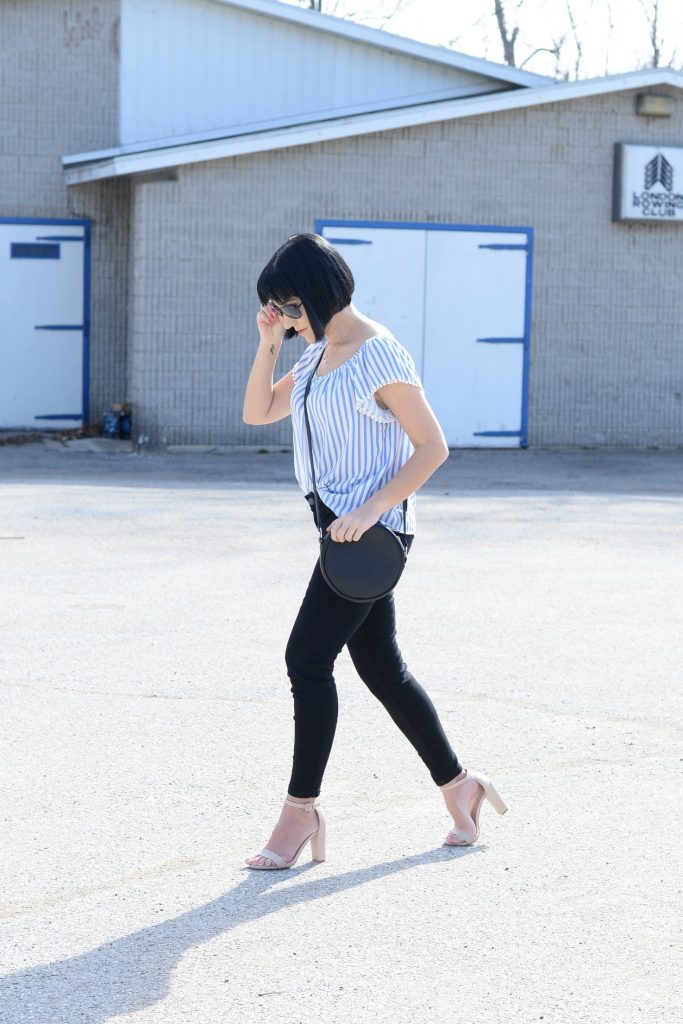 Giant Tiger, off-the-shoulder blouse, black skinny jeans, open-toed nude heels, nude sandals, black circle bag, black purse, stripped blouse, springtime blouse 