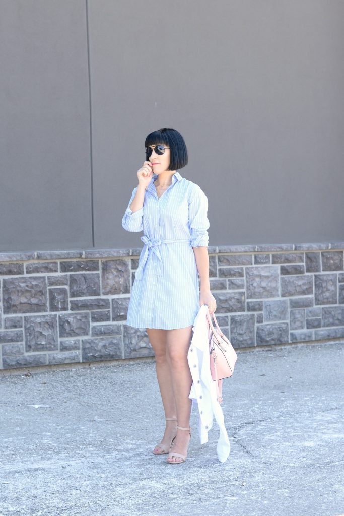 giant tiger, striped dress, blue pinstriped dress, white denim jacket, pink purse, pink handbag, nude heels, nude sandals, canadian fashion blogger