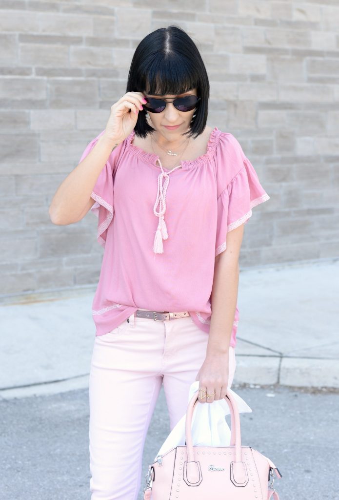 giant tiger, pink on pink, pink outfit, sprinttime outfit, monocromatic outfit, pink jeans, nude heels, nude sandals, canadian fashion blogger