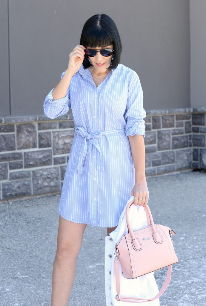 giant tiger, striped dress, blue pinstriped dress, white denim jacket, pink purse, pink handbag, nude heels, nude sandals, canadian fashion blogger