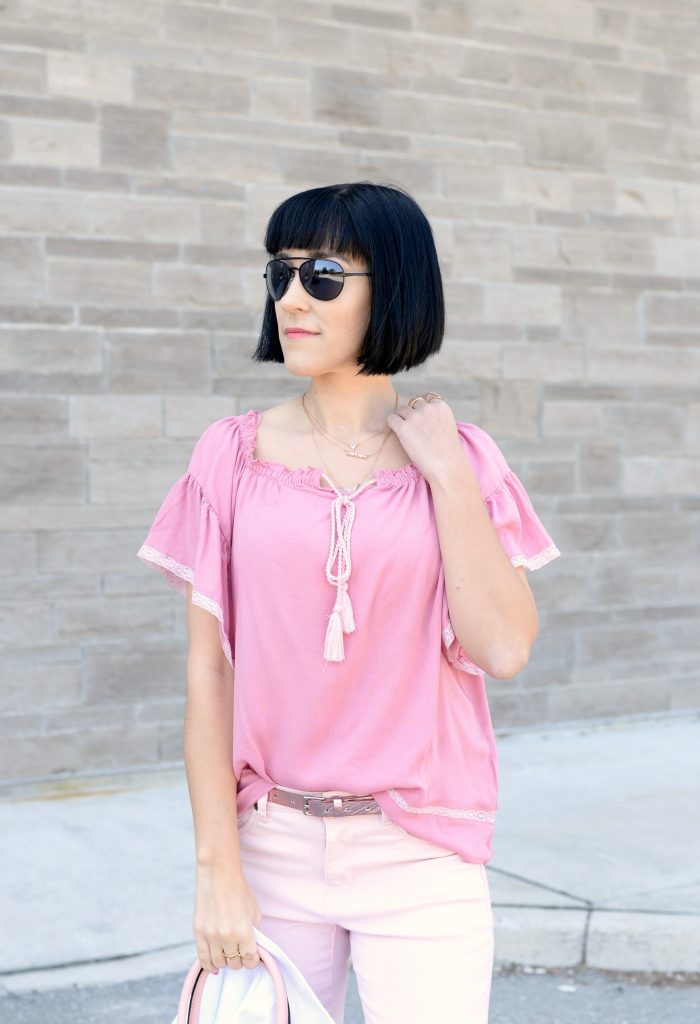 giant tiger, pink on pink, pink outfit, sprinttime outfit, monocromatic outfit, pink jeans, nude heels, nude sandals, canadian fashion blogger