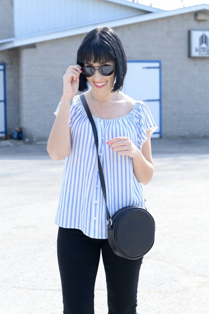 Giant Tiger, off-the-shoulder blouse, black skinny jeans, open-toed nude heels, nude sandals, black circle bag, black purse, stripped blouse, springtime blouse 