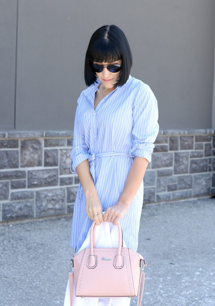 giant tiger, striped dress, blue pinstriped dress, white denim jacket, pink purse, pink handbag, nude heels, nude sandals, canadian fashion blogger