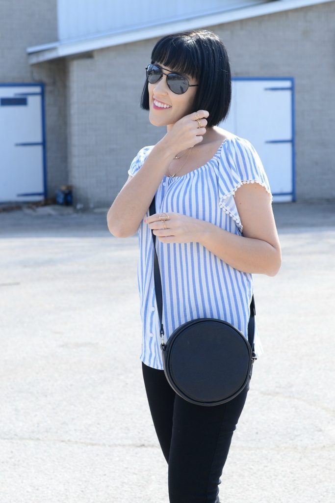 Giant Tiger, off-the-shoulder blouse, black skinny jeans, open-toed nude heels, nude sandals, black circle bag, black purse, stripped blouse, springtime blouse 