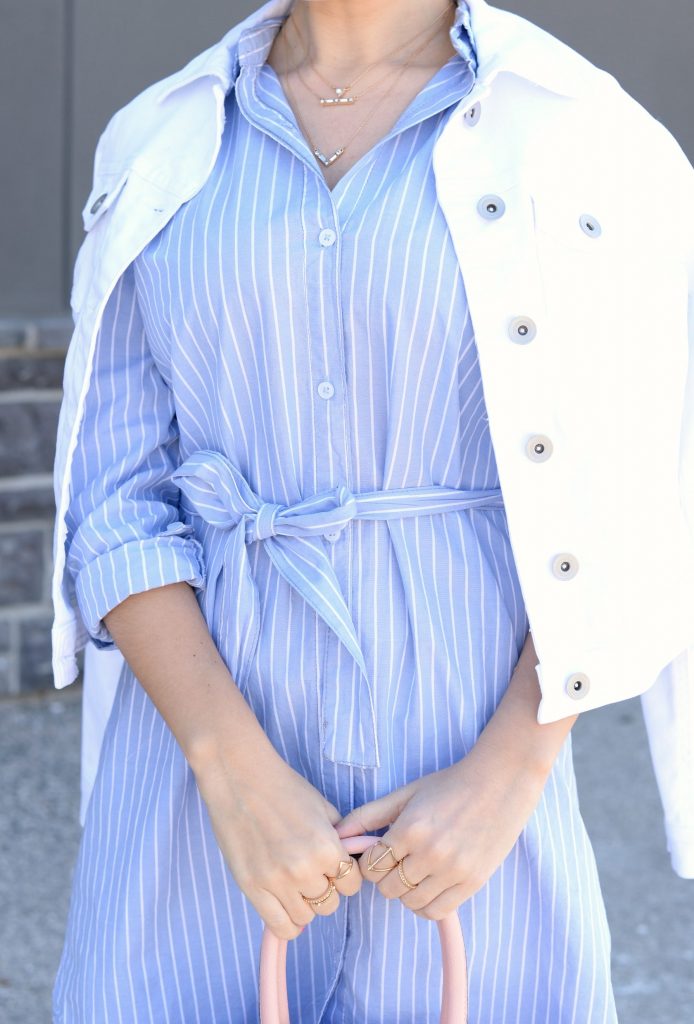 giant tiger, striped dress, blue pinstriped dress, white denim jacket, pink purse, pink handbag, nude heels, nude sandals, canadian fashion blogger