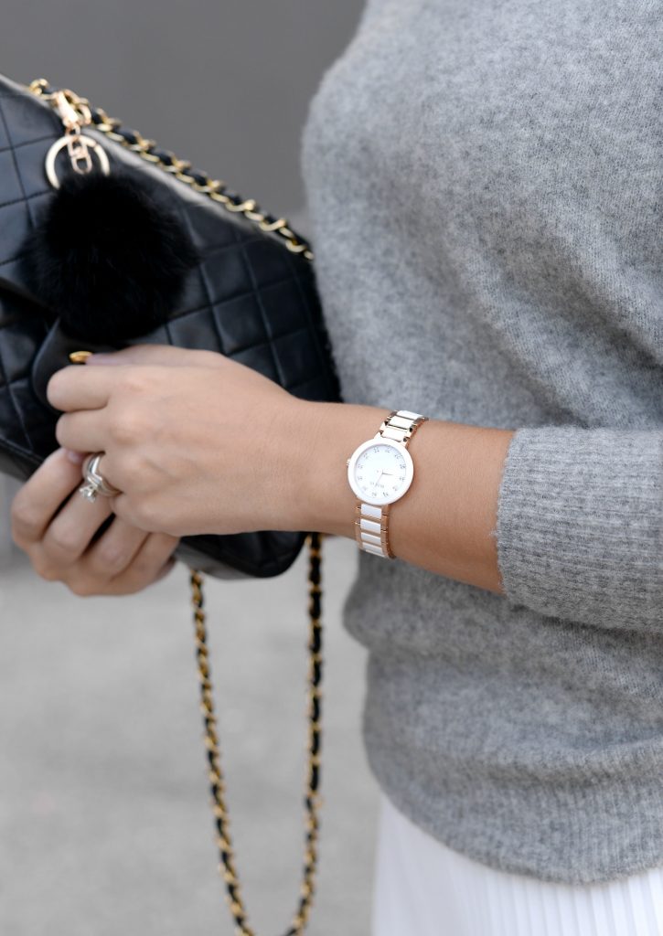 Pleats Are Back, spring skirt, what to wear this spring, grey Cashmere Sweater, Aritzia sweater, Chanel Double Flap, Bulova watch, toms Sunglasses, white Pleated Skirt, Aritzia skirt, Vince Camuto booties, black booties