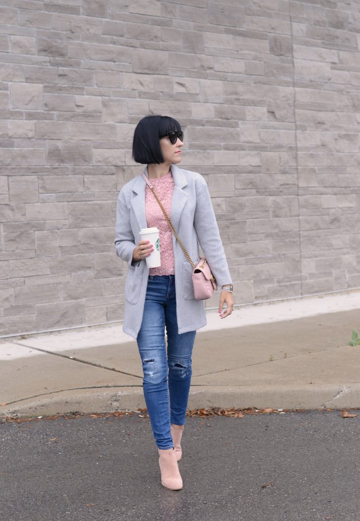 Spring Fashion Trends, zara blouse, grey cardigan, how to style a cardigan, Gucci marmont, pink Gucci purse, pink purse, celine sunglasses, Daniel wellington watch, gap skinny jeans, Jeffery campbell shoes, pink booties