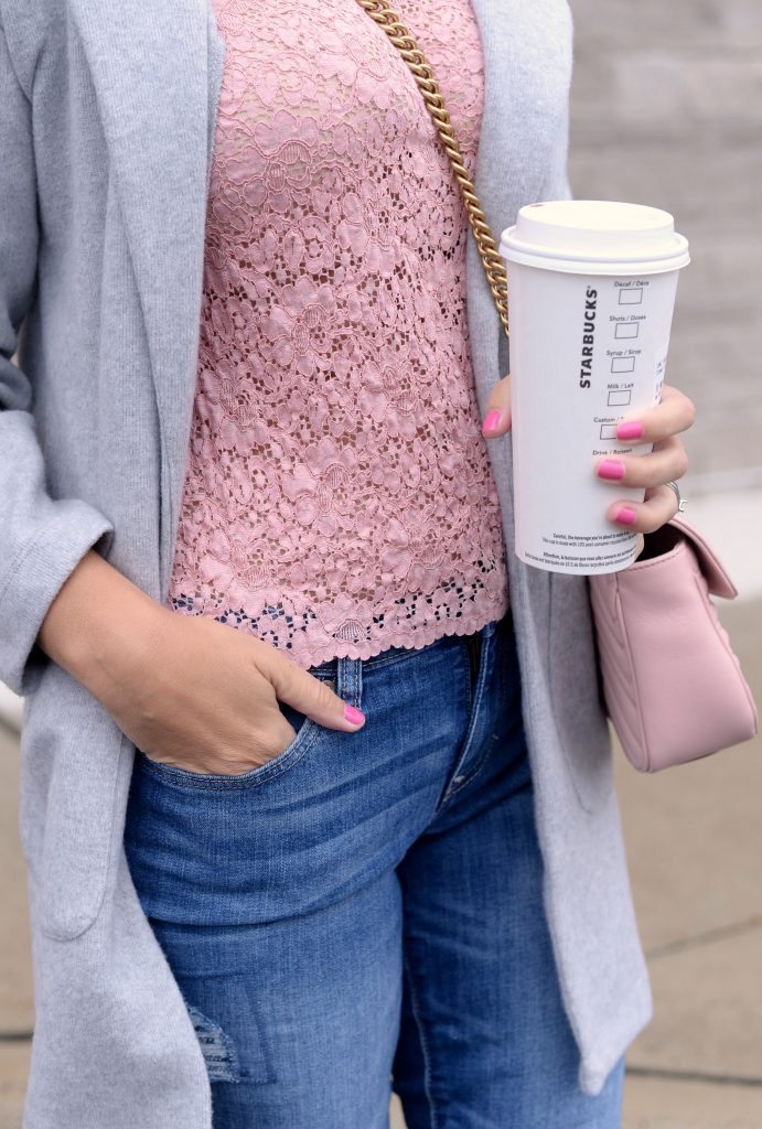 Pink Jeans Outfit with Grey Cardigan