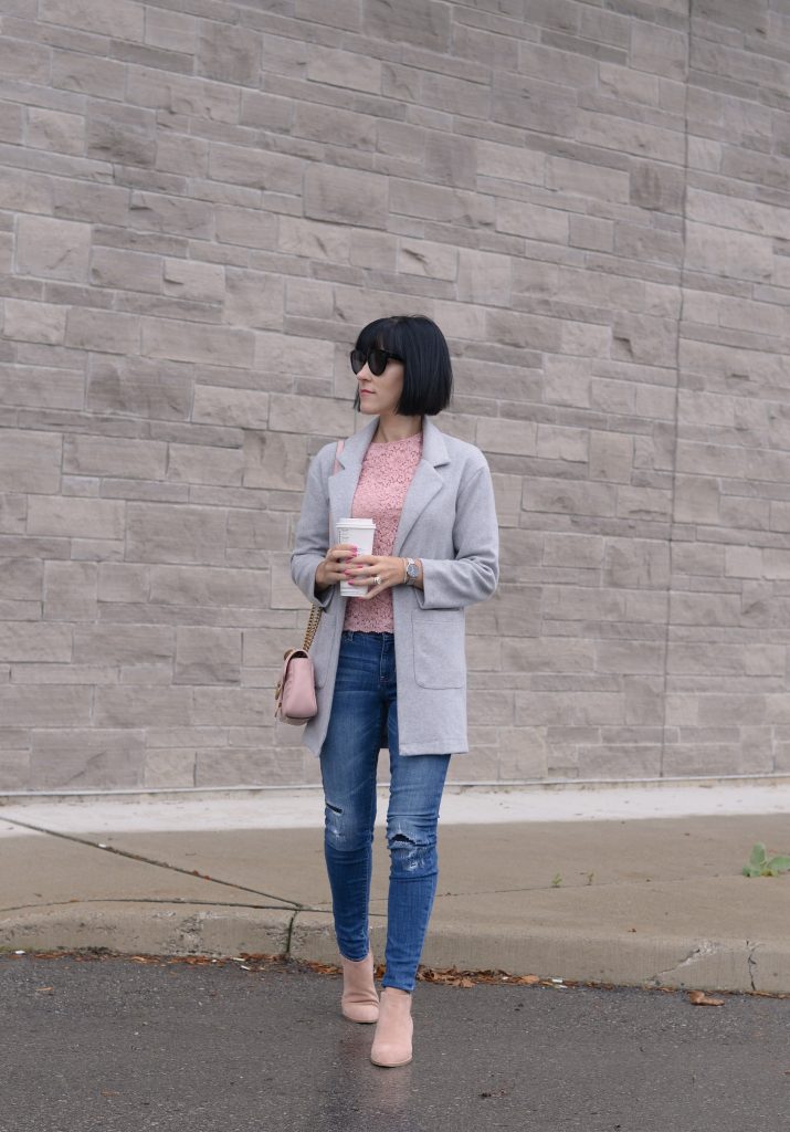 Spring Fashion Trends, zara blouse, grey cardigan, how to style a cardigan, Gucci marmont, pink Gucci purse, pink purse, celine sunglasses, Daniel wellington watch, gap skinny jeans, Jeffery campbell shoes, pink booties