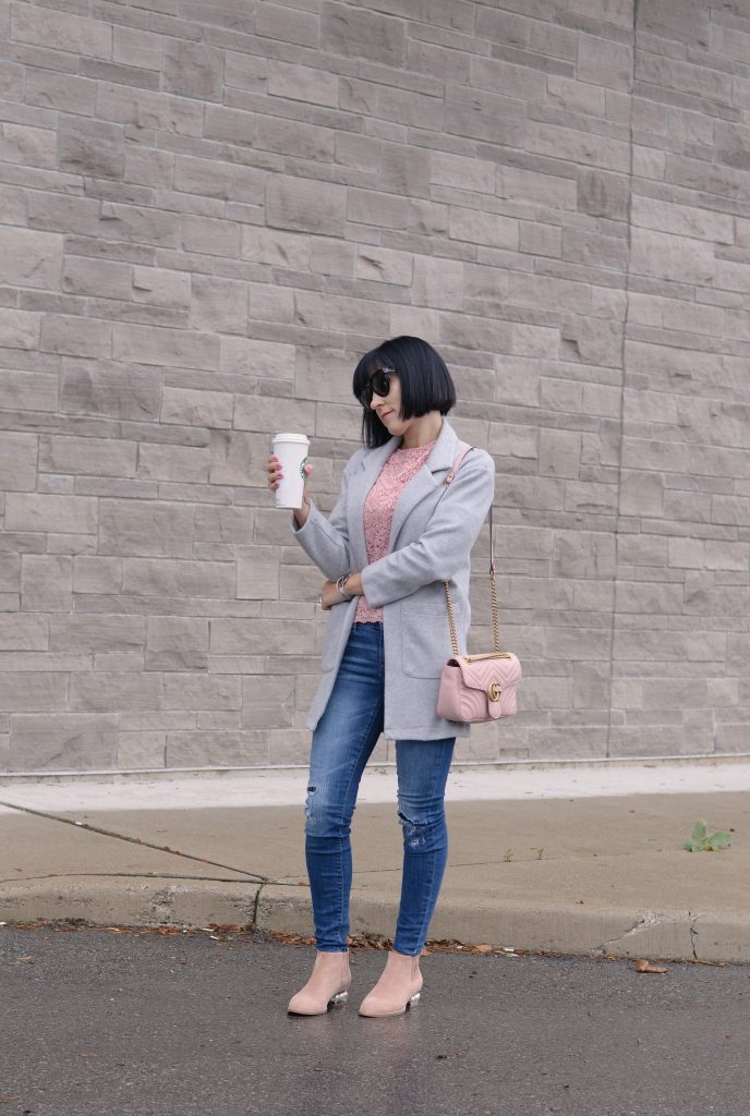 Spring Fashion Trends, zara blouse, grey cardigan, how to style a cardigan, Gucci marmont, pink Gucci purse, pink purse, celine sunglasses, Daniel wellington watch, gap skinny jeans, Jeffery campbell shoes, pink booties