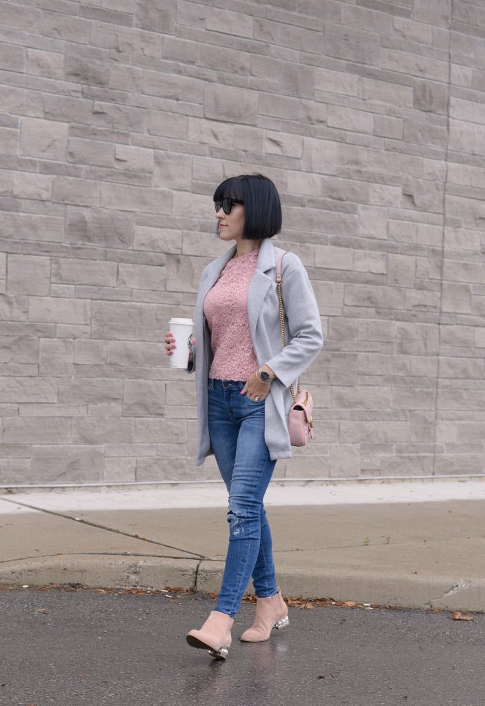 Spring Fashion Trends, zara blouse, grey cardigan, how to style a cardigan, Gucci marmont, pink Gucci purse, pink purse, celine sunglasses, Daniel wellington watch, gap skinny jeans, Jeffery campbell shoes, pink booties