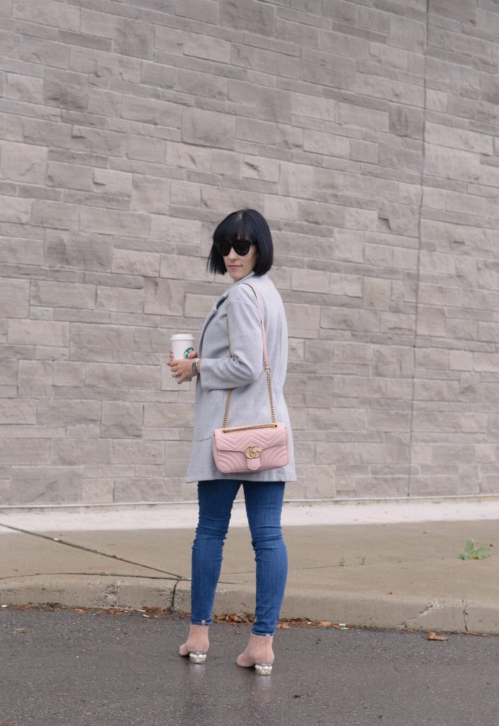 Spring Fashion Trends, zara blouse, grey cardigan, how to style a cardigan, Gucci marmont, pink Gucci purse, pink purse, celine sunglasses, Daniel wellington watch, gap skinny jeans, Jeffery campbell shoes, pink booties