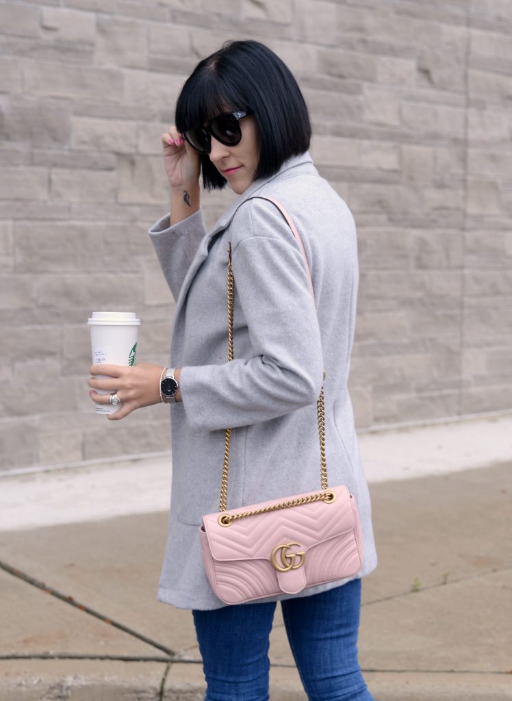 Spring Fashion Trends, zara blouse, grey cardigan, how to style a cardigan, Gucci marmont, pink Gucci purse, pink purse, celine sunglasses, Daniel wellington watch, gap skinny jeans, Jeffery campbell shoes, pink booties