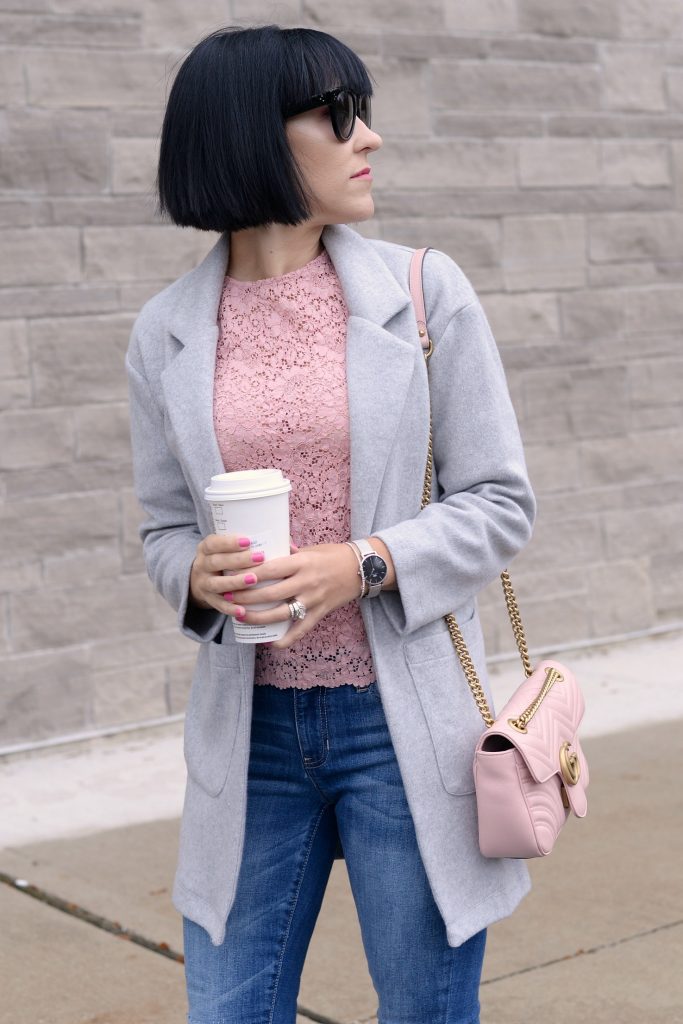 Spring Fashion Trends, zara blouse, grey cardigan, how to style a cardigan, Gucci marmont, pink Gucci purse, pink purse, celine sunglasses, Daniel wellington watch, gap skinny jeans, Jeffery campbell shoes, pink booties
