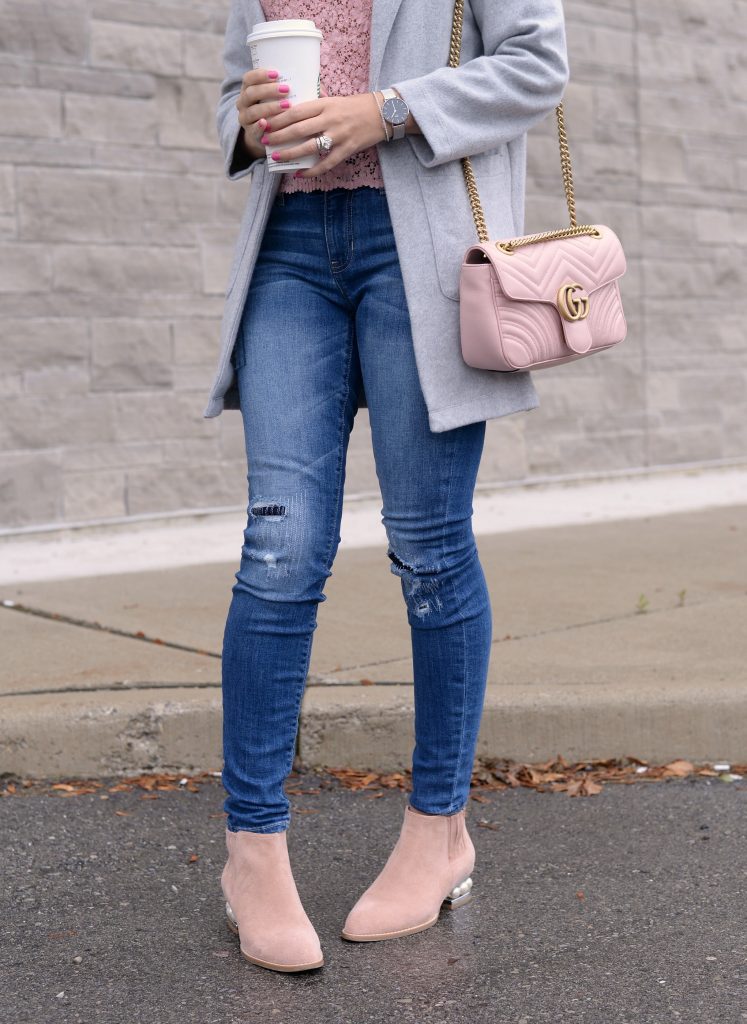 Spring Fashion Trends, zara blouse, grey cardigan, how to style a cardigan, Gucci marmont, pink Gucci purse, pink purse, celine sunglasses, Daniel wellington watch, gap skinny jeans, Jeffery campbell shoes, pink booties