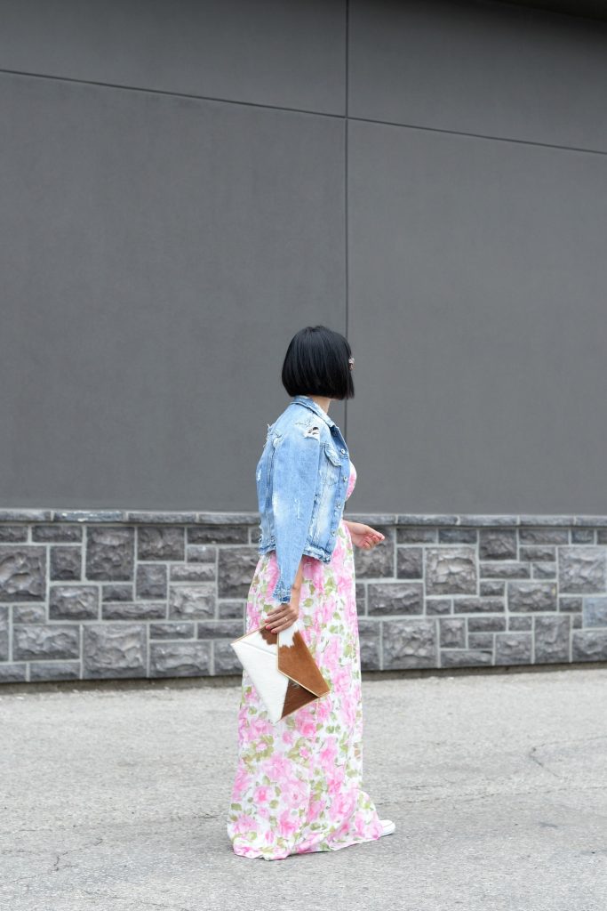 Floral Dress, Elizabeth Noel Dress, Denim Jacket, Zara Jacket Toms Sunglasses- c/o Toms, Rebecca Minkoff Clutch, Daniel Wellington watch , white Sneakers, Converse Chucks