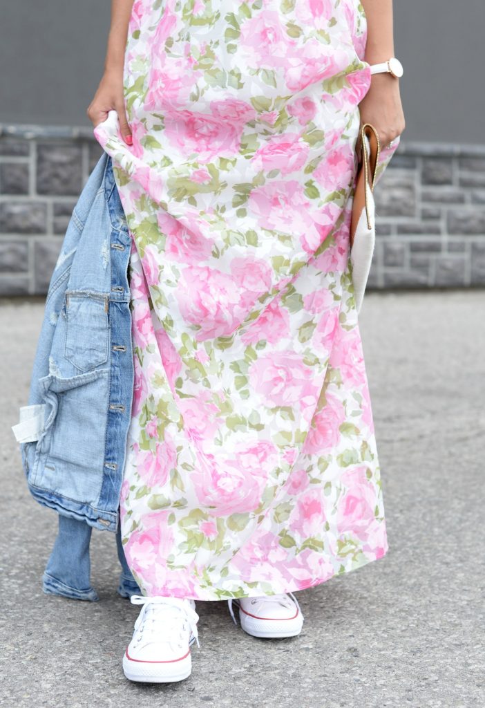 Floral Dress, Elizabeth Noel Dress, Denim Jacket, Zara Jacket Toms Sunglasses- c/o Toms, Rebecca Minkoff Clutch, Daniel Wellington watch , white Sneakers, Converse Chucks