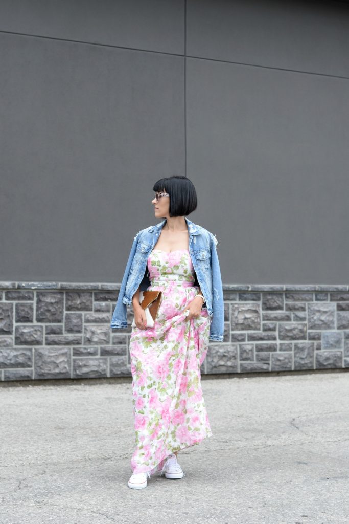 Floral Dress, Elizabeth Noel Dress, Denim Jacket, Zara Jacket Toms Sunglasses- c/o Toms, Rebecca Minkoff Clutch, Daniel Wellington watch , white Sneakers, Converse Chucks