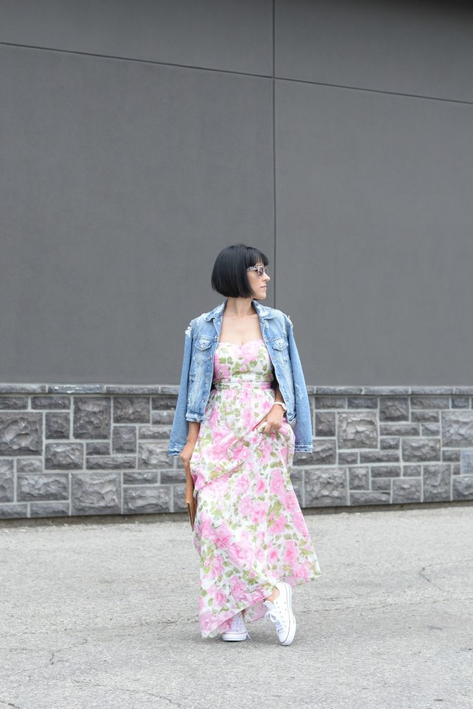 Floral Dress, Elizabeth Noel Dress, Denim Jacket, Zara Jacket Toms Sunglasses- c/o Toms, Rebecca Minkoff Clutch, Daniel Wellington watch , white Sneakers, Converse Chucks