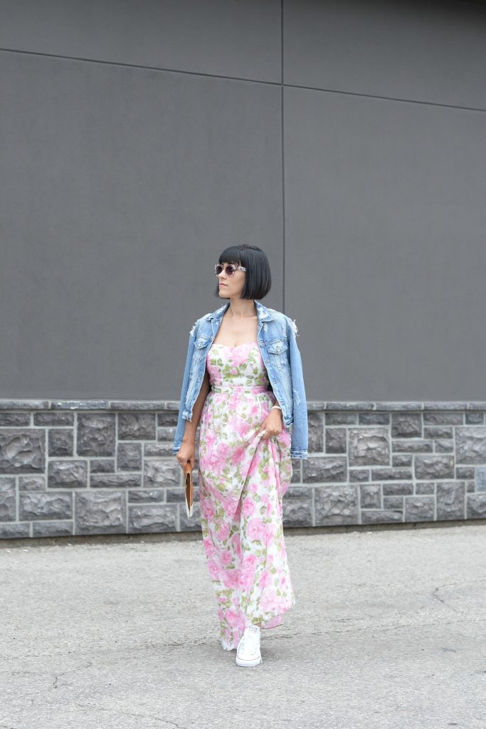 Floral Dress, Elizabeth Noel Dress, Denim Jacket, Zara Jacket Toms Sunglasses- c/o Toms, Rebecca Minkoff Clutch, Daniel Wellington watch , white Sneakers, Converse Chucks