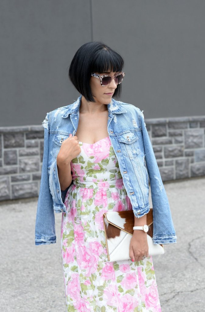 Floral Dress, Elizabeth Noel Dress, Denim Jacket, Zara Jacket Toms Sunglasses- c/o Toms, Rebecca Minkoff Clutch, Daniel Wellington watch , white Sneakers, Converse Chucks