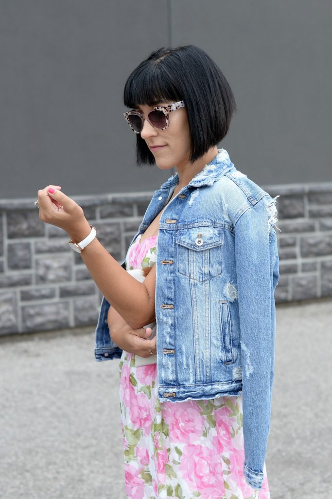 Floral Dress, Elizabeth Noel Dress, Denim Jacket, Zara Jacket Toms Sunglasses- c/o Toms, Rebecca Minkoff Clutch, Daniel Wellington watch , white Sneakers, Converse Chucks