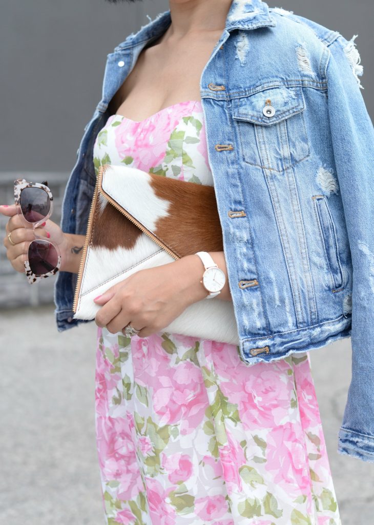 Floral Dress, Elizabeth Noel Dress, Denim Jacket, Zara Jacket Toms Sunglasses- c/o Toms, Rebecca Minkoff Clutch, Daniel Wellington watch , white Sneakers, Converse Chucks