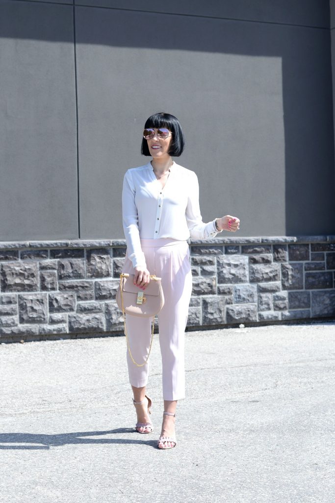 Pink pants, Aritzia pants, white blouse, pink sandals, joe fresh shoes, joe fresh sandals, Chloé Purse, gold heart necklace, Klasse 14 Watch, pink watch