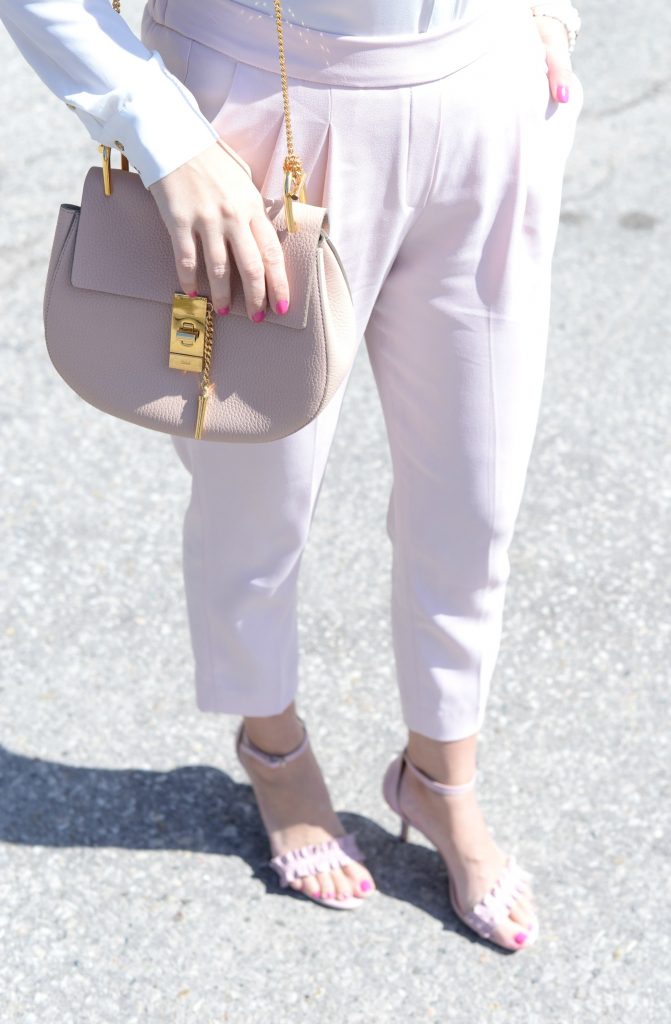 Pink pants, Aritzia pants, white blouse, pink sandals, joe fresh shoes, joe fresh sandals, Chloé Purse, gold heart necklace, Klasse 14 Watch, pink watch 