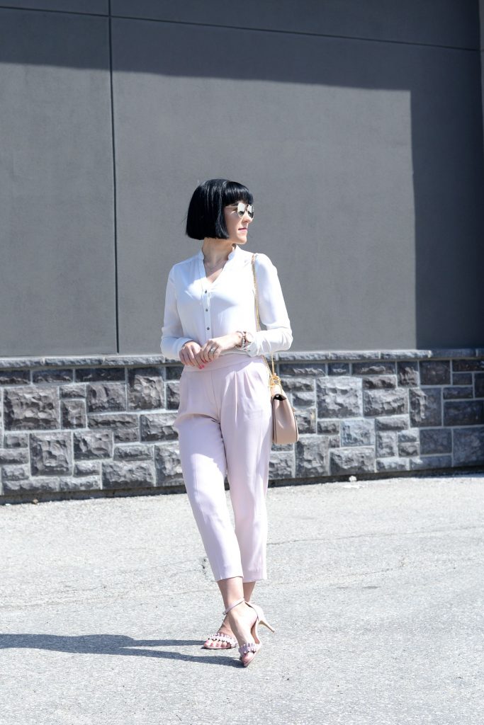 Pink pants, Aritzia pants, white blouse, pink sandals, joe fresh shoes, joe fresh sandals, Chloé Purse, gold heart necklace, Klasse 14 Watch, pink watch 