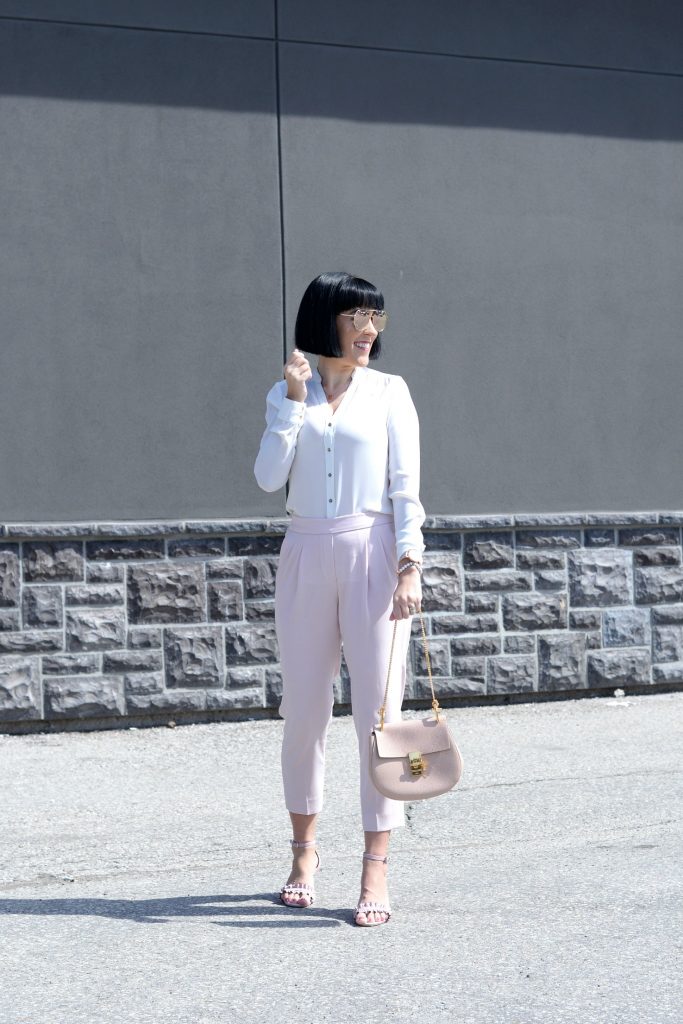 Pink pants, Aritzia pants, white blouse, pink sandals, joe fresh shoes, joe fresh sandals, Chloé Purse, gold heart necklace, Klasse 14 Watch, pink watch 