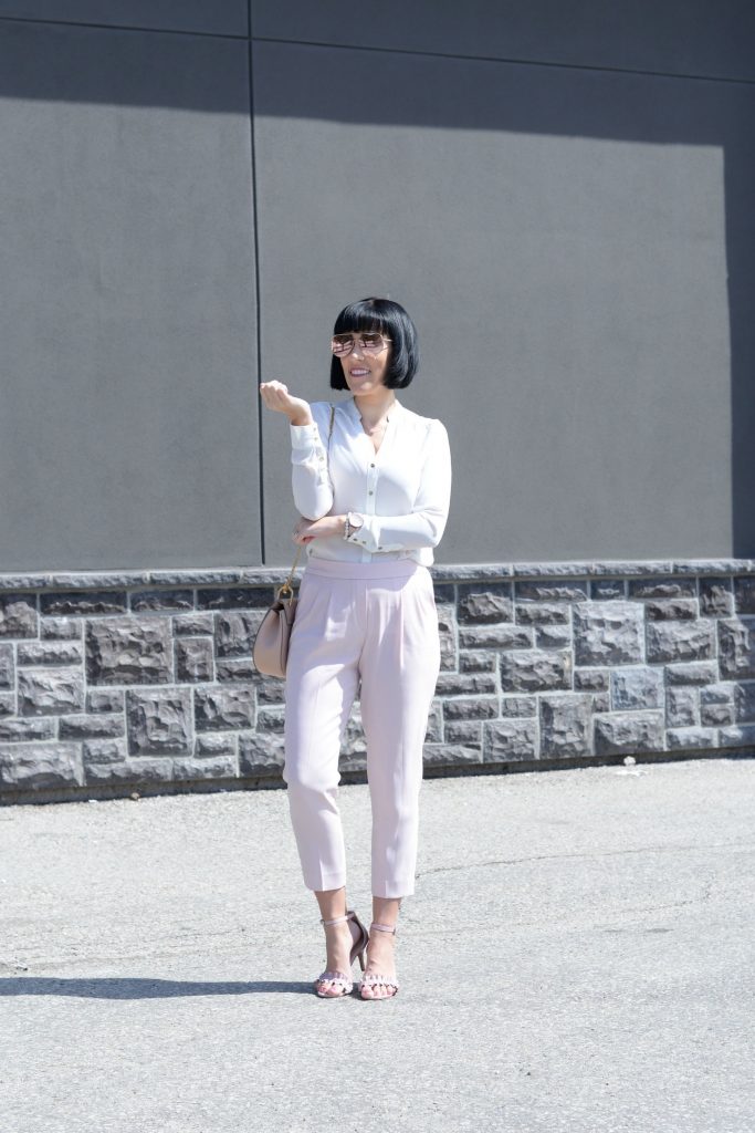 Pink pants, Aritzia pants, white blouse, pink sandals, joe fresh shoes, joe fresh sandals, Chloé Purse, gold heart necklace, Klasse 14 Watch, pink watch 