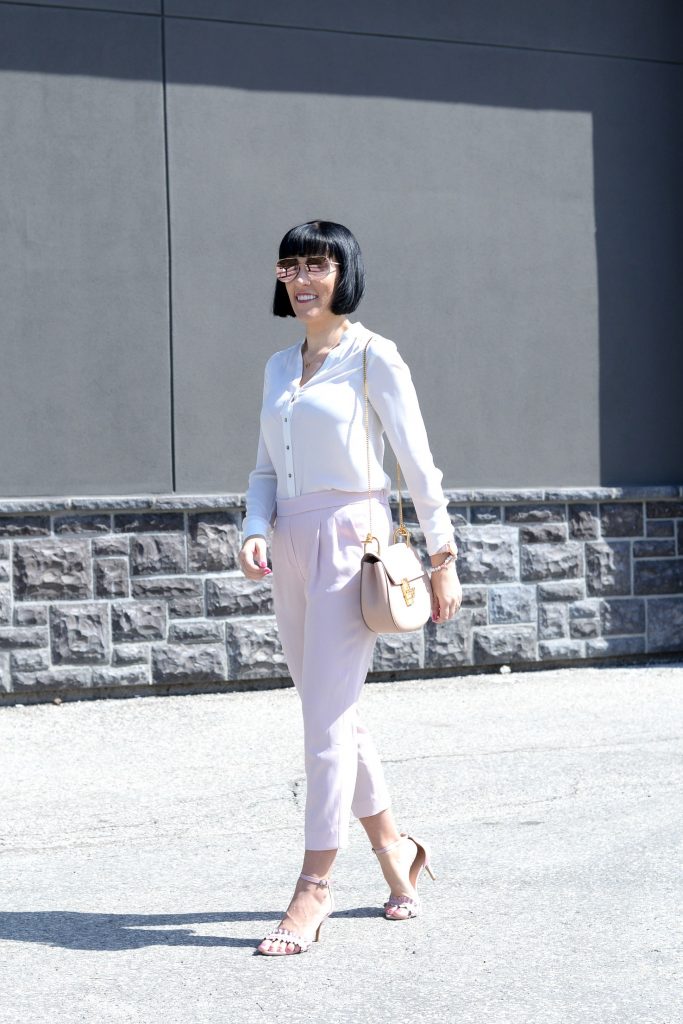 Pink pants, Aritzia pants, white blouse, pink sandals, joe fresh shoes, joe fresh sandals, Chloé Purse, gold heart necklace, Klasse 14 Watch, pink watch 