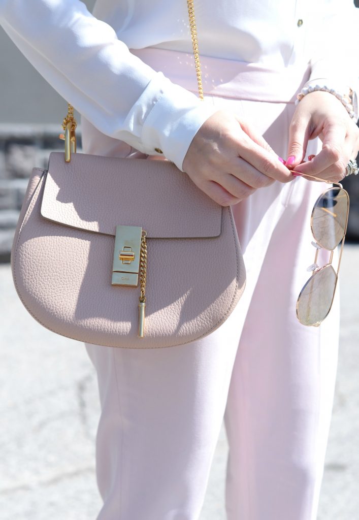 Pink pants, Aritzia pants, white blouse, pink sandals, joe fresh shoes, joe fresh sandals, Chloé Purse, gold heart necklace, Klasse 14 Watch, pink watch 